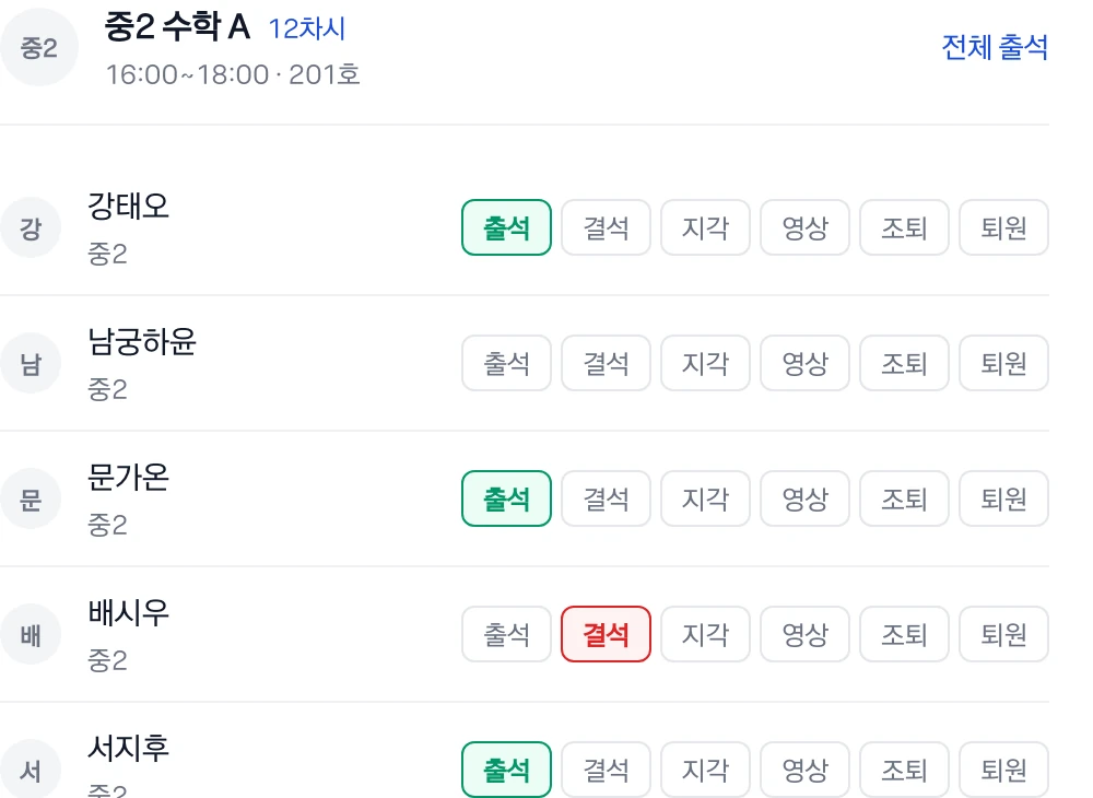 강사 화면의 출결 입력. 학생마다 출석과 결석, 지각을 고르는 버튼이 한 줄로 놓여 있다.